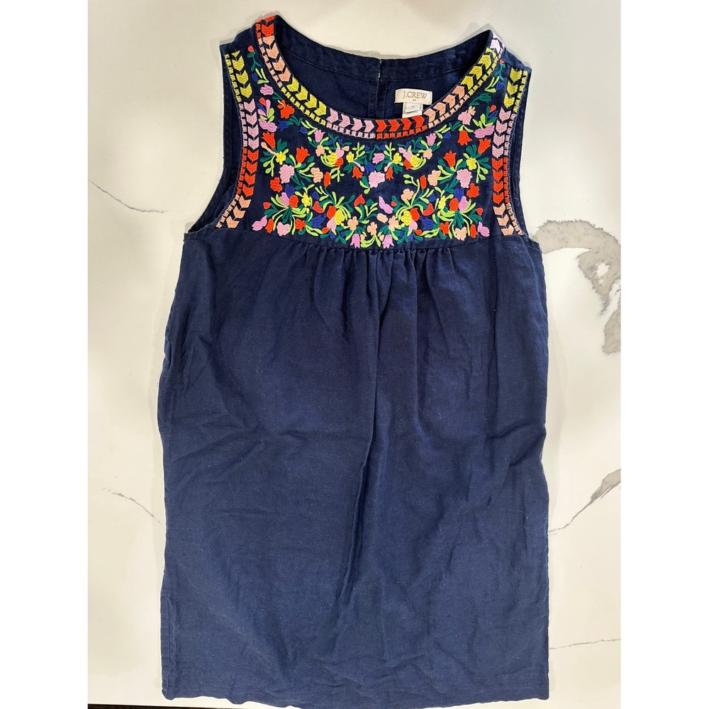 J.Crew Navy Blue Embroidered Floral Linen Blend Shift Mini Dress Womens 2